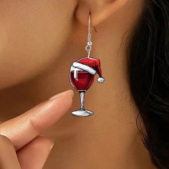 New! Wine Glass Santa Hat Earrings - Picture 2 of 4